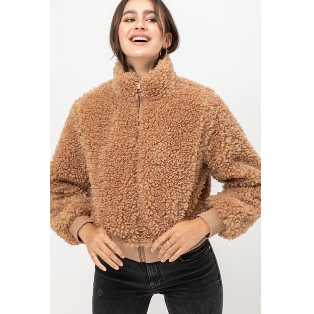 NEW Camel Cozy Soft Fluffy Fur Teddy Bomber Jacket - Picture 2 of 10